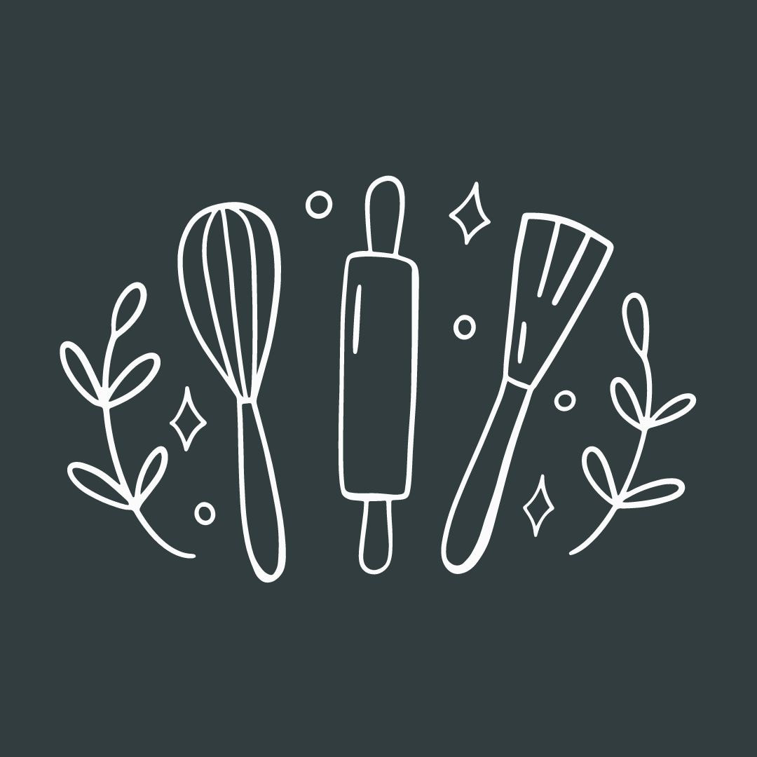 White line drawing of kitchen utensils