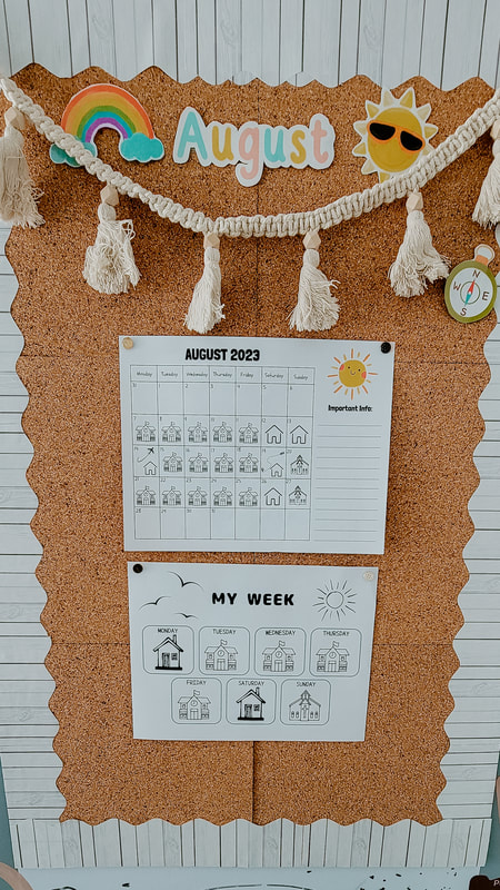 A zoomed in view of the bulletin board and schedule portions of the schedule board