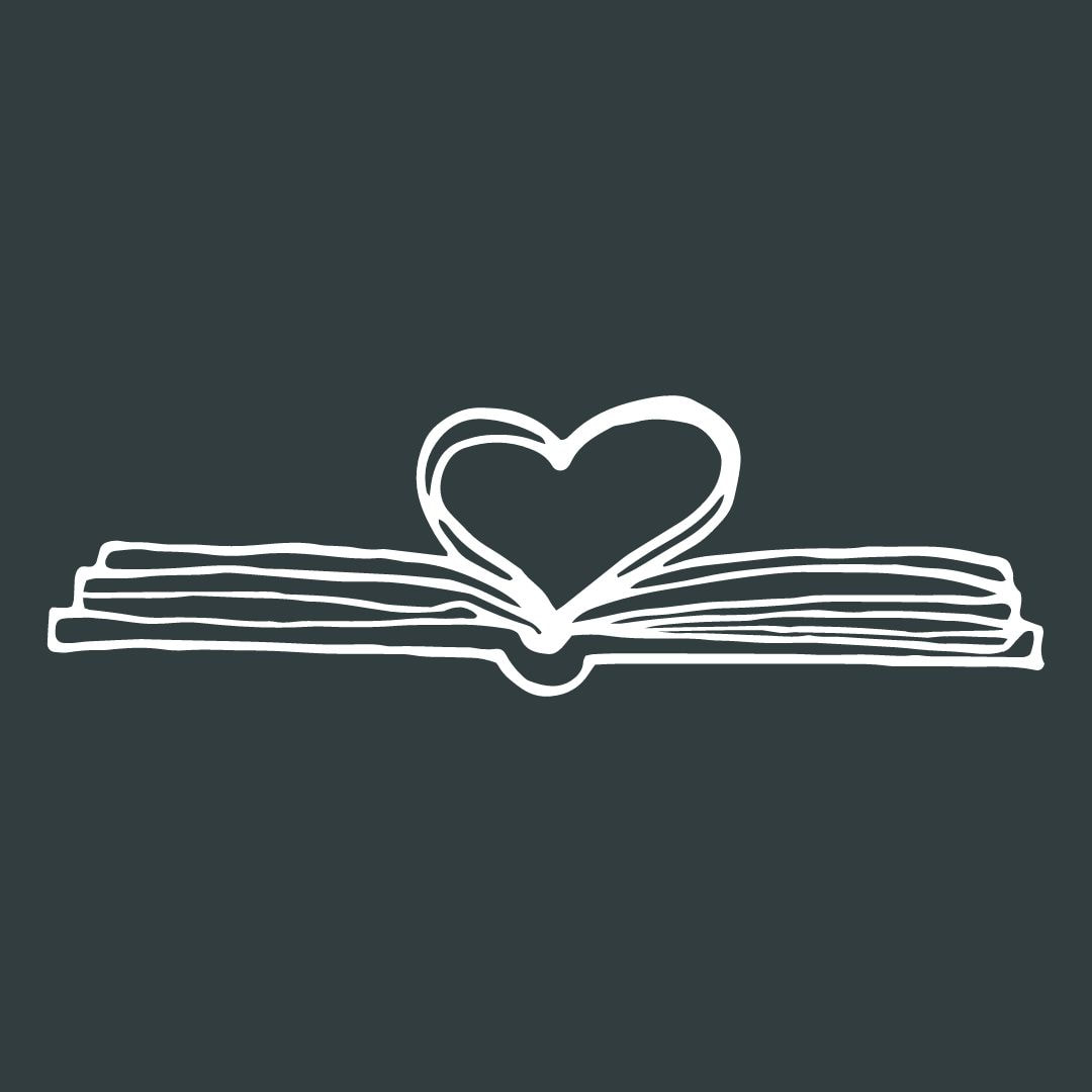 A white line drawing of a book with pages folded into a heart in the center