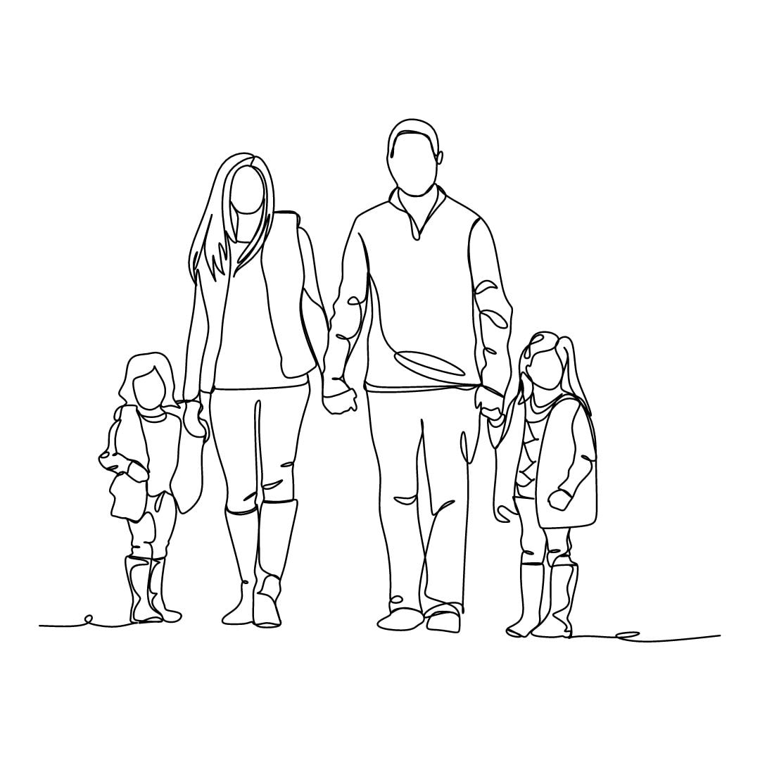A line drawing of a family of four