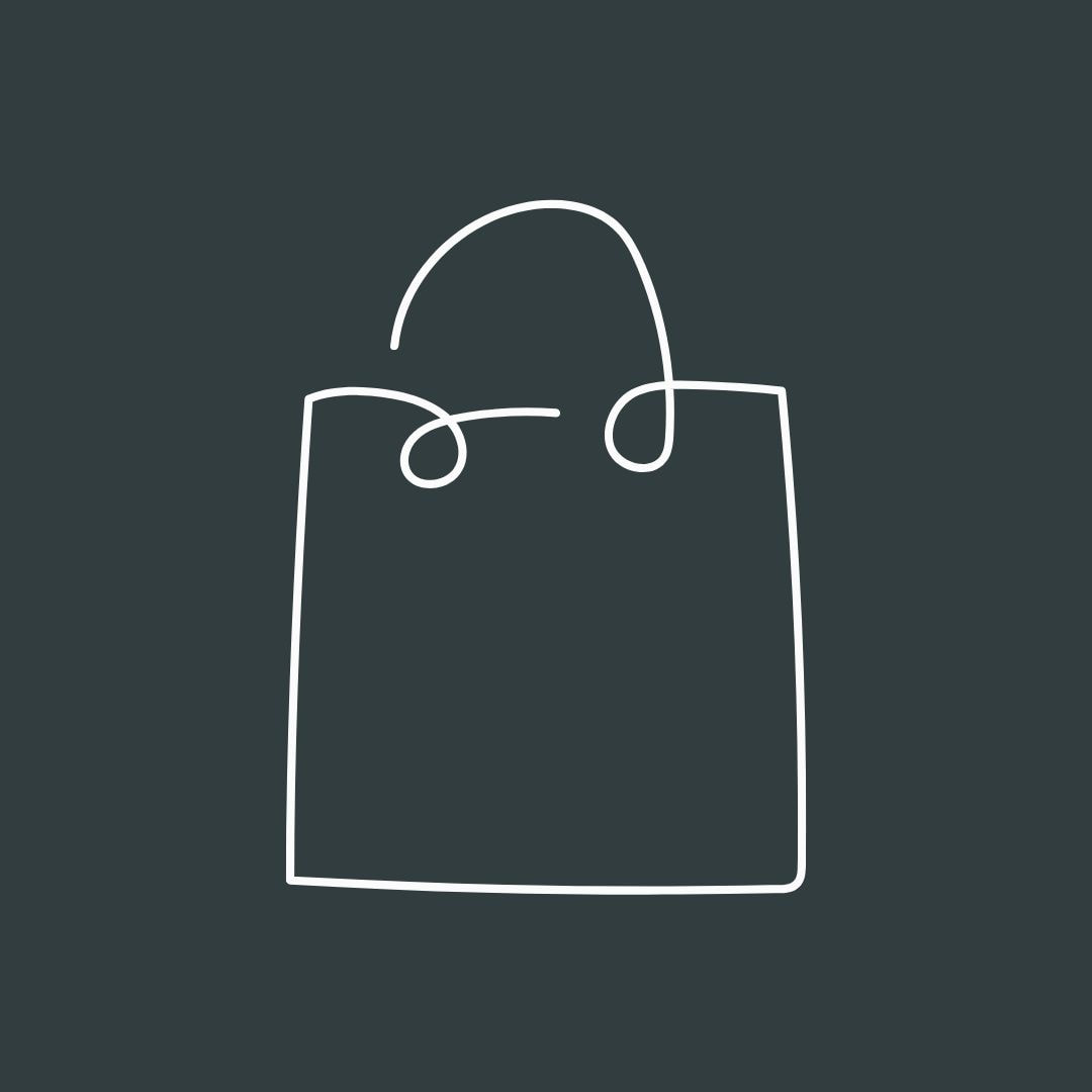 A white line drawing of a shopping bag