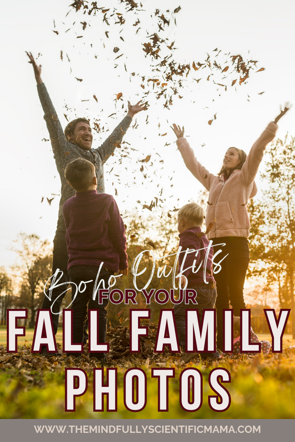 An image of a family of 4 throwing leaves into the air with the sun glaring behind them. The text reads 