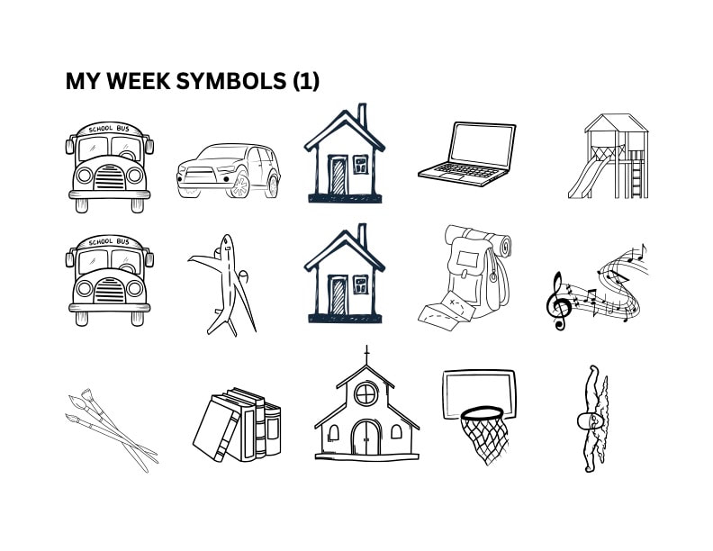 Symbols for the visual schedule, including a bus, church, home, playground, books, basketball hoop, swimmer, paint brushes, plane, car, hiking backpack, laptop, and musical notes