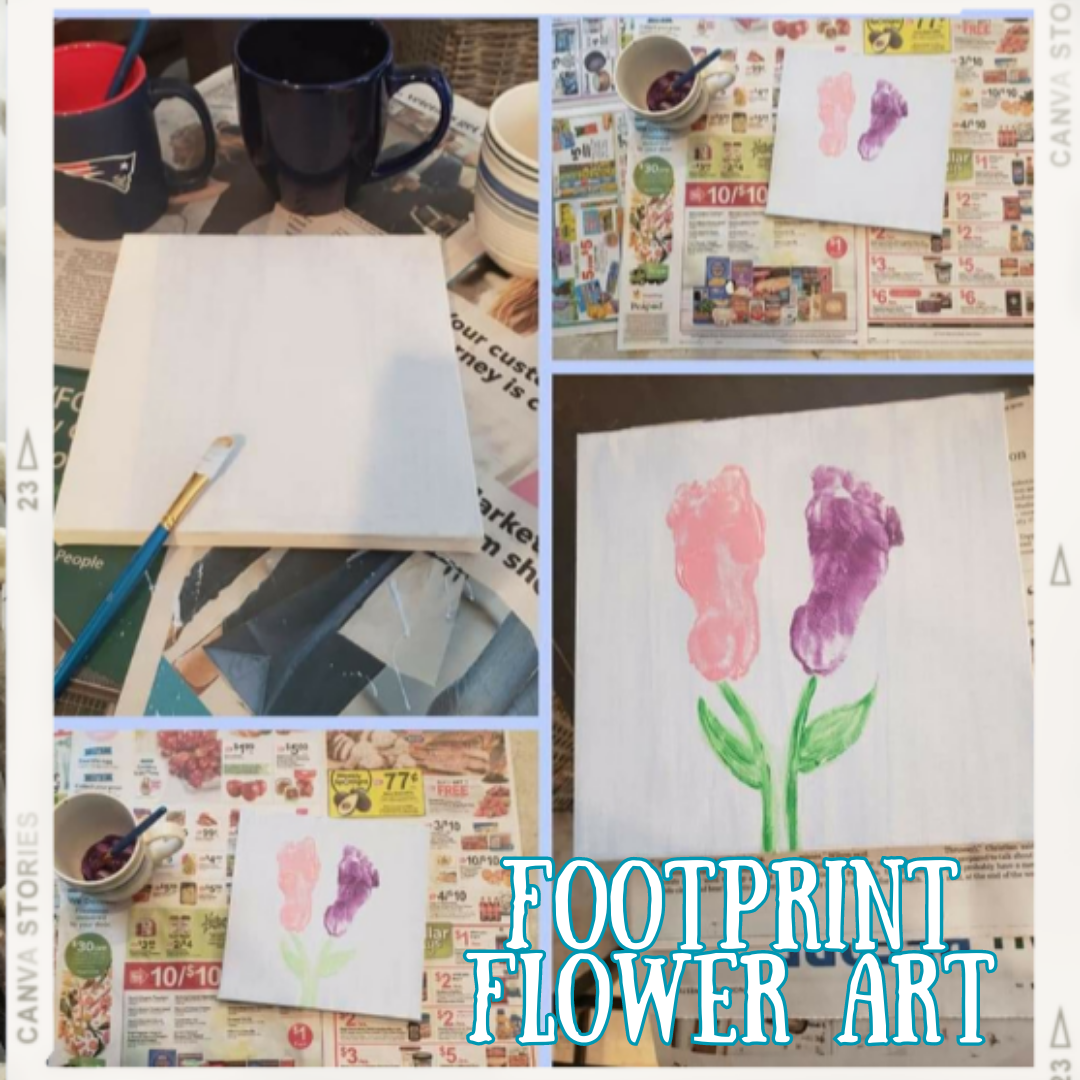 This image depicts the steps of doing footprint tulips on a white canvas frame. The tulips are pink and purple with green stems and leaves. The text reads 